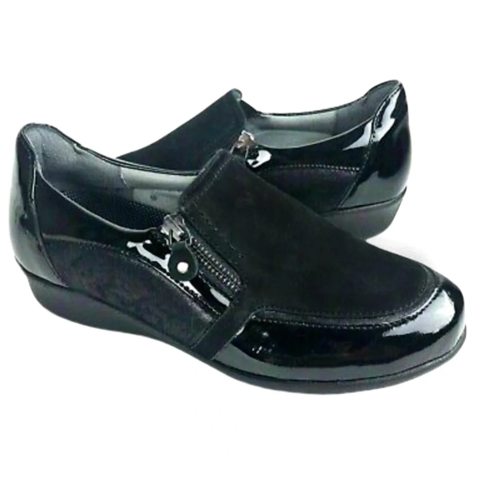Drew Womens Padua 10.5W Black Calf/Patent Zip Diabetic Comfort